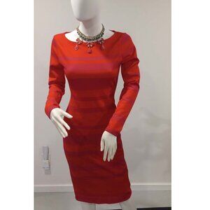 Project Runway brand striped dress paired with a statement bib necklace